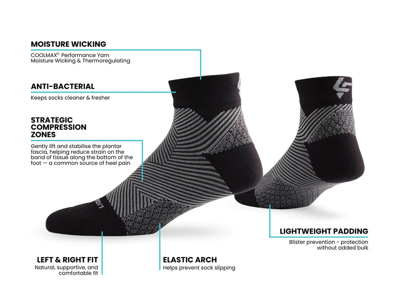 Lightfeet Plantar Fasciitis Quarter Socks = Black