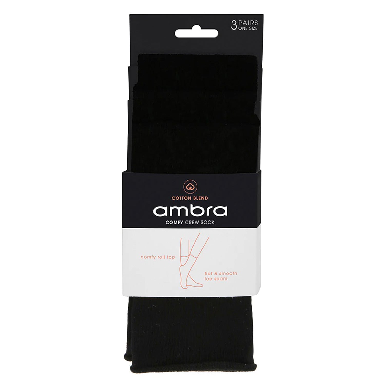 Ambra BCI Cotton Comfy Crew Socks - 3 Pack (Black)